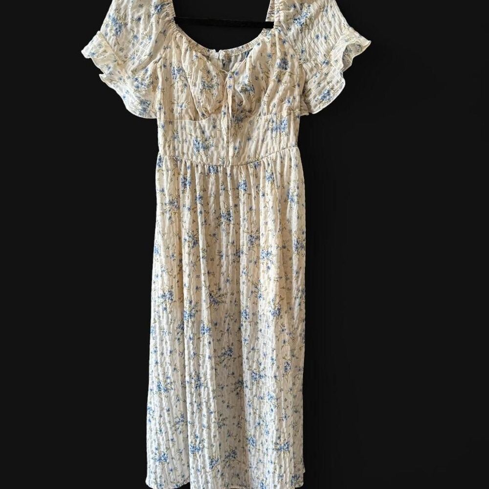 Floral Cottagecore Milkmaid Midi Dress Cream & Blue Smocked Picnic Size Small